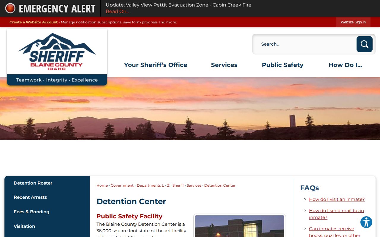 Blaine County Detention Center release facility information for Camas County cases