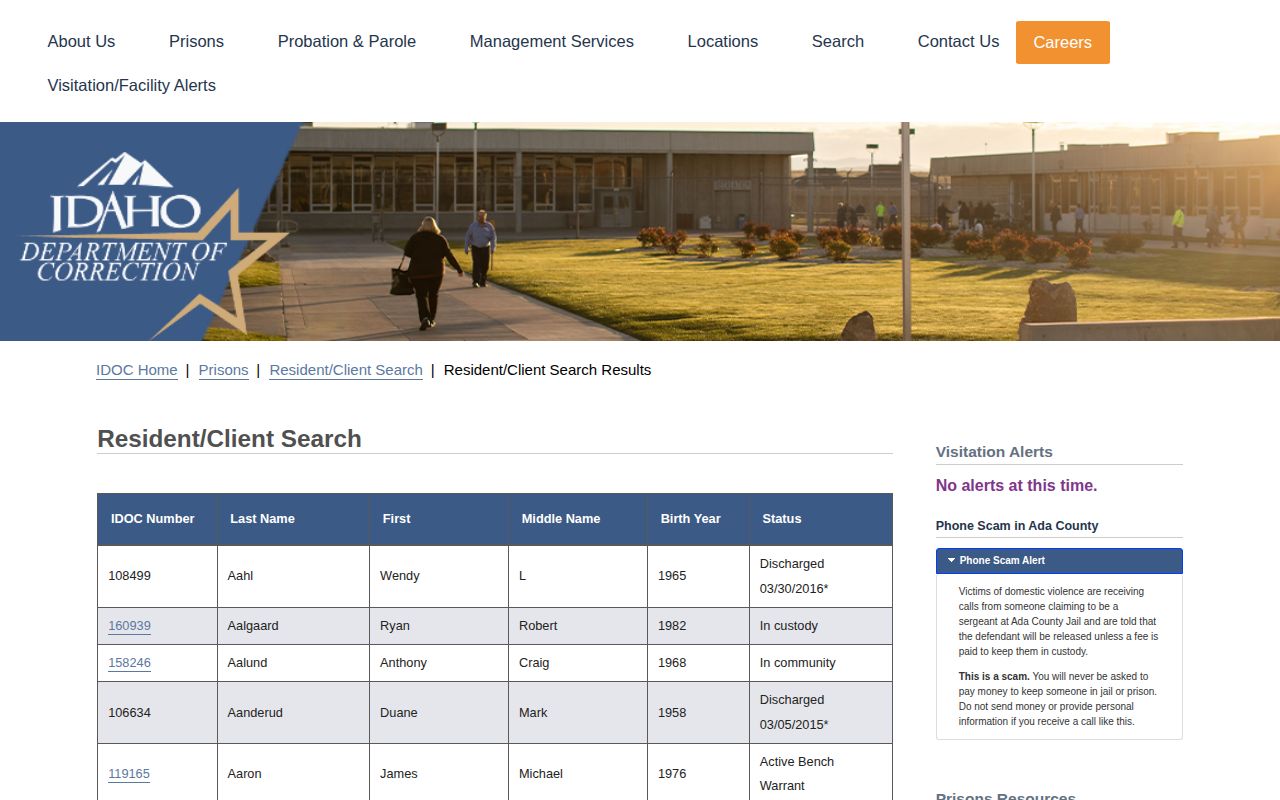 IDOC status results used for Camas County released inmate searches